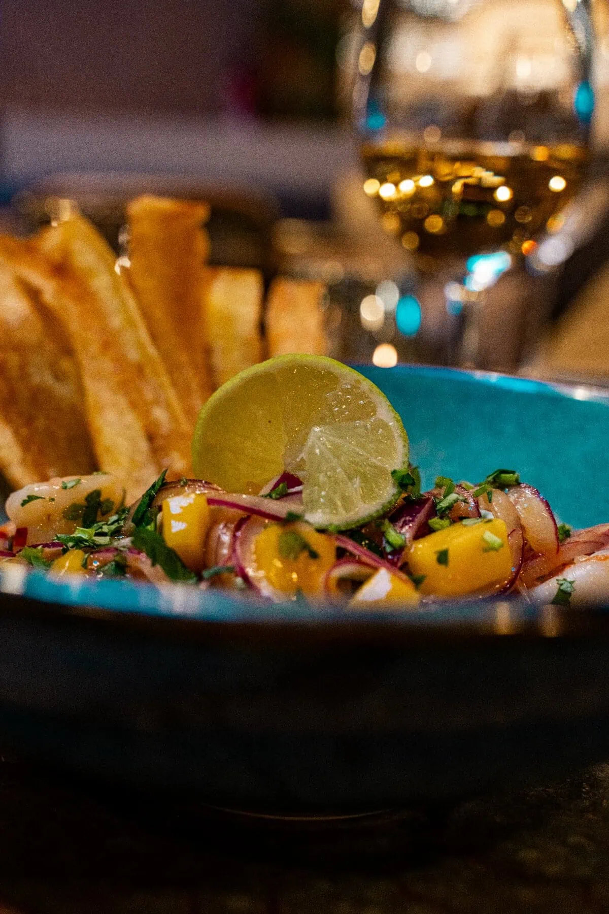Prawn ceviche with mango and plantain crisps